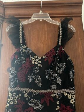 Lulu's Black Floral Sequin Embellished Camisole with Burgundy and Gold Accents